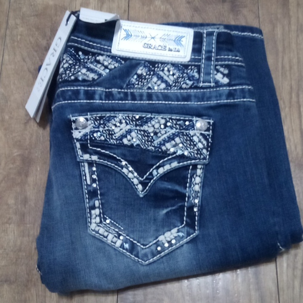 Grace in LA Women's Jeans 27 Bootcut Bejeweled Rhinestones NWT